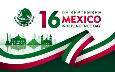 16 De Septiembre Independencia De México, means Mexico Independence Day 16th September. Banner with landmarks silhouette and ribbon illustration. Great for cards, posters, banners and social media.