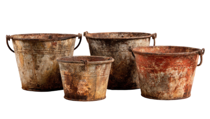 Four rusty metal buckets of varying sizes, arranged in a horizontal row.  Each bucket displays a weathered, rusty surface with some areas of faded paint, and metal handles
