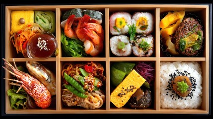 Bento Box: An assortment of meticulously arranged culinary creations, showcasing an artful composition of flavors and textures. A visual symphony of colors and tastes.