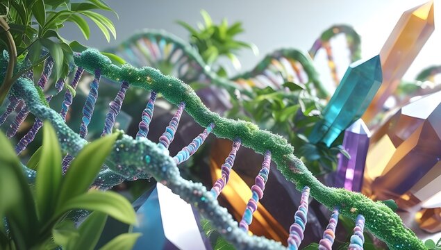 A vibrant scene featuring a DNA strand intertwined with crystals and plants, suggesting a connection between nature and science. The mix of vibrant colors and detailed textures evoke a sense of wonder