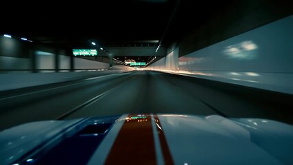 Driving in tunnel with sports car hood during night for speed, transportation and urban road travel with motion blur and city infrastructure lighting - Powered by Adobe