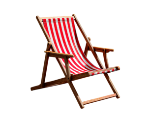 A deck chair with red and white striped pattern, set against a transparent background.