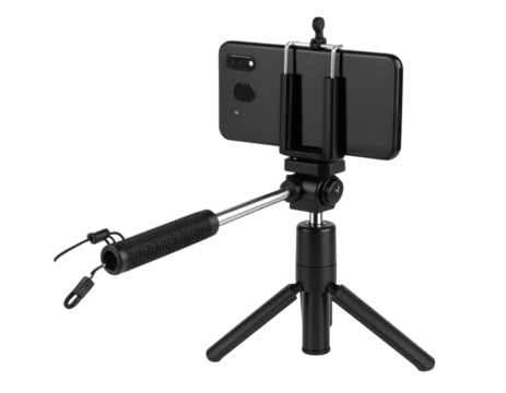  Black Selfie Stick with Phone Mount and Wrist Strap Isolated PNG
