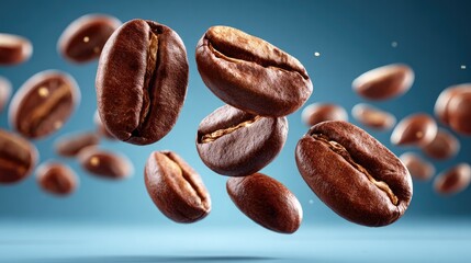 Obraz premium Roasted Coffee Beans in Flight: A close-up shot capturing the essence of fresh roasted coffee beans suspended mid-air, against a vibrant blue backdrop