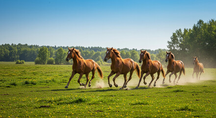 Nature Background Background horses running free wild herd galloping across green meadow field equine photography scenic view