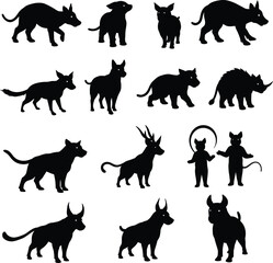 Diverse Animal Silhouettes Vector Set: Wild Boar, Calf, Horned Creatures, and Symbolic Figures in Black.