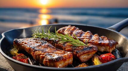 Sunset Grill: A sizzling skillet of expertly grilled meat, artfully arranged with vibrant rosemary and vegetables, with an inviting beach and sunset backdrop.