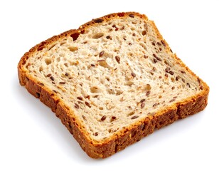 A single slice of multigrain bread, speckled with seeds, rests on a bright white background
