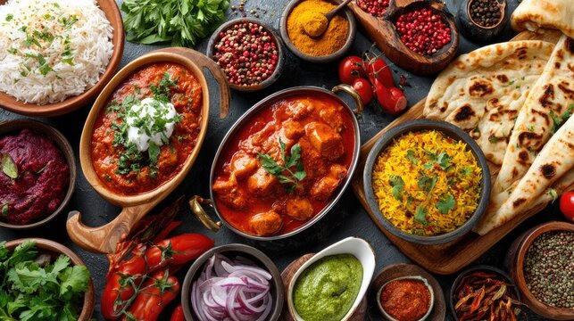 Flavorful Indian Feast: A vibrant assortment of Indian culinary delights, showcasing the rich diversity of tastes and aromas of Indian cuisine, inviting viewers to embark on a gastronomic adventure.