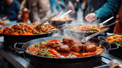 Naklejka premium Culinary Market: A vivid image of diverse cooked food, displayed in large pans at a bustling market. Steam rises from the delicacies, which are ready to be served in the lively atmosphere.
