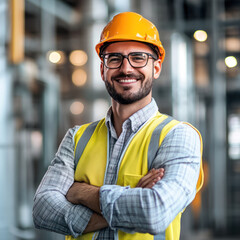 Portrait of factory worker. Young handsome factory worker.