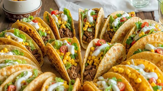 Delicious crunchy tacos with ground beef, vegetables, and corn filling a wooden tray.