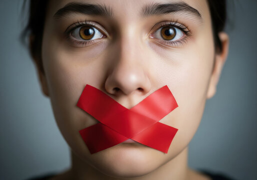 Distressed young woman with red tape covering her mouth, symbolizing censorship, freedom of speech, and silenced voices.

