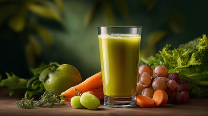 Fototapeta premium Fresh green smoothie with fruits and vegetables on wooden background 
