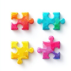 Obraz premium Four colorful puzzle pieces, vibrant hues, glossy finish, isolated on white background