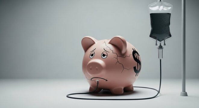 Sad piggy bank with cracks and dollar signs, connected to an IV drip with black liquid, symbolizing financial crisis and economic distress.

 - Powered by Adobe