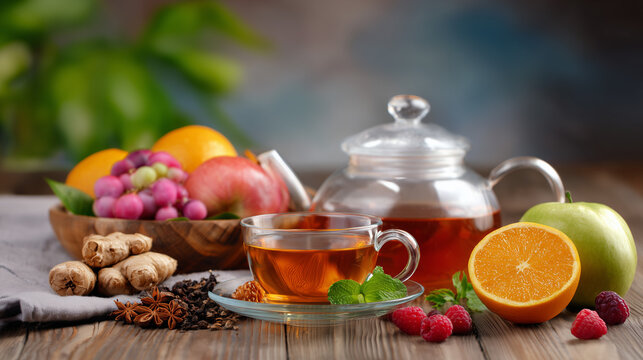Fresh tea in glass cup with fruits and tea pot on wooden table  
