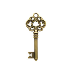 Ornate antique brass key with intricate scrollwork isolated on a transparent background image