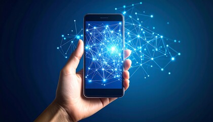 Hand holding smartphone with network graphic overlay