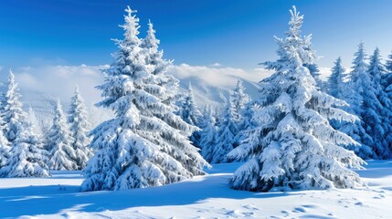 Snow covered trees in a winter wonderland with blue sky and distant mountain peaks on a sunny day