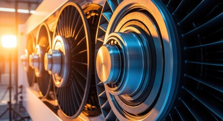 Obraz premium Warm light illuminates the intricate details of turbine blades in a manufacturing facility, showcasing precision engineering and industrial components