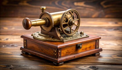Ornate brass cannon on wooden box