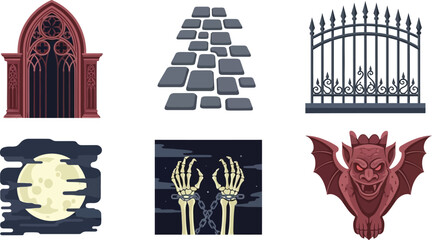 Gothic architectural elements, a moonlit night scene, and skeletal hands in chains evoke a mysterious, possibly haunted atmosphere.