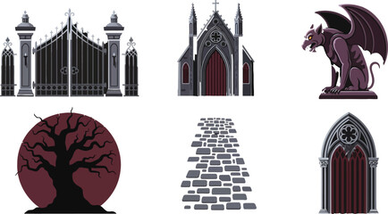 Gothic architectural elements and symbols: gate, chapel, gargoyle, dead tree, path, and arched doorway.