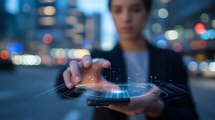 Woman touching glowing digital interface projected from smartphone in city at night technology futuristic