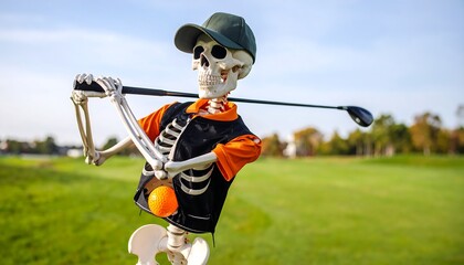 A skeleton golfer on a golf course, ready to swing