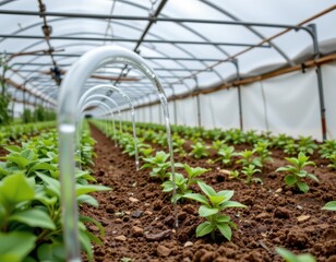 microtubes in drip irrigation systems deliver water to specific plants in a greenhouse promoting efficient resource use and minimizing evaporation.