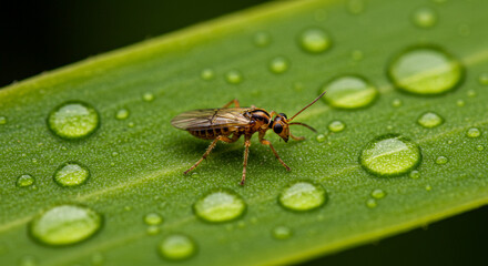 Nature Background Background macro photography of a tiny insect on a green leaf with water droplets nature close up shot