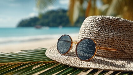 Straw hat and sunglasses rest on palm frond, beach background