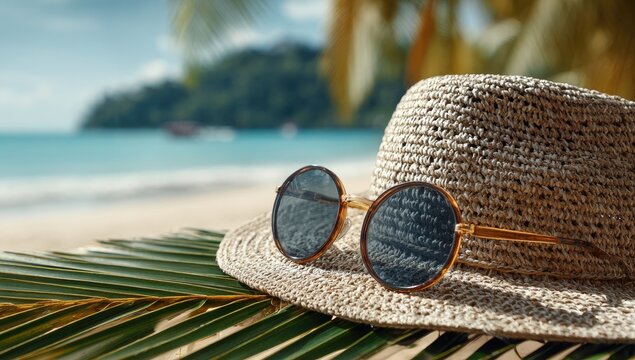 Straw hat and sunglasses rest on palm frond, beach background