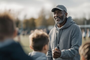 Experienced coach leading a youth team practice with encouragement and guidance outdoors