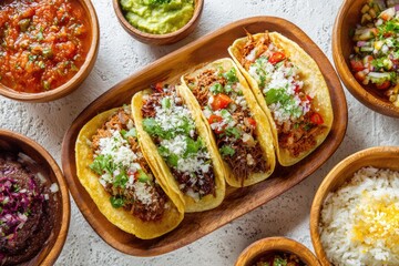 Wooden tray holding four tacos, various sauces and sides
