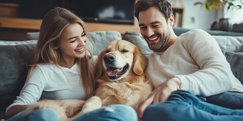 A smiling couple shares a tender moment with their friendly dog, relaxing on a cozy sofa in a comfortable living room, creating a heartwarming scene of companionship.
