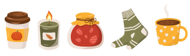 Autumn set with hot drink in cup, wool socks, jam, burning candle and glass of coffee, cocoa. Cartoon vector illustration