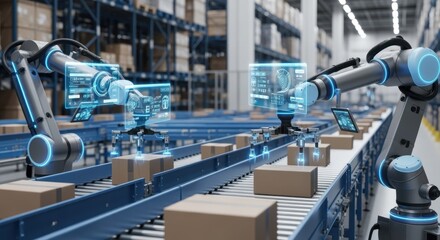 Automated robotic arms integrated with AR for precise package handling in distribution center.