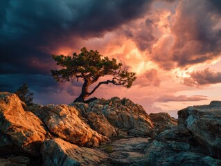 Lone tree atop rocky outcrop, dramatic sunset sky