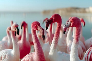 Flock of Pink Flamingos Standing in a Serene, Misty Wetland