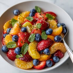 Obraz premium Vibrant Fruit Salad Bowl Featuring Fresh Strawberries, Blueberries, and Citrus for Healthy Eating