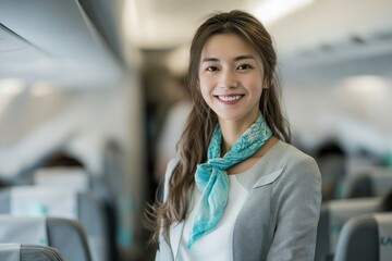 Friendly Asian flight attendant in airplane cabin offering excellent service