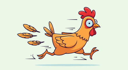 Running cartoon chicken with feathers flying behind