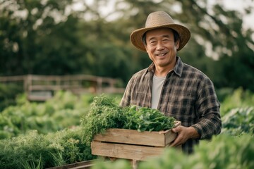 Happy Asian Farmer Harvesting Fresh Organic Vegetables in His Garden at Sunset
