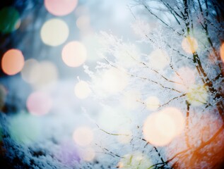 Xmas tree with snow decorated with garland lights, holiday festive background. Widescreen backdrop. New year Winter art design, wide screen holiday border, Christmas winter blurred background. 
