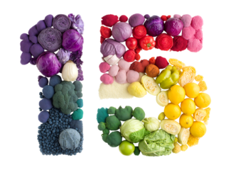 Vibrant number 15 crafted from colorful fruits and vegetables isolated on a transparent background