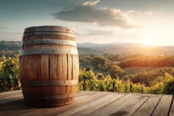 Fototapeta premium Wooden barrel sits on a deck overlooking vineyard at sunset