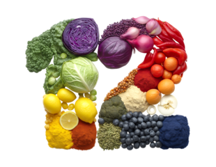Vibrant number 12 crafted from colorful fruits and vegetables isolated on a transparent background