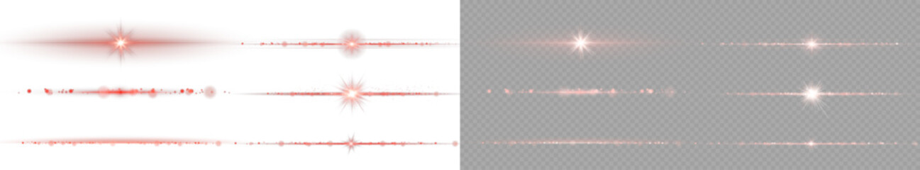 Horizontal red light glow with sparkles and flare effect on transparent background. Neon red line stripe for decoration, transitions or abstract motion effects in digital design. © Максим Славов